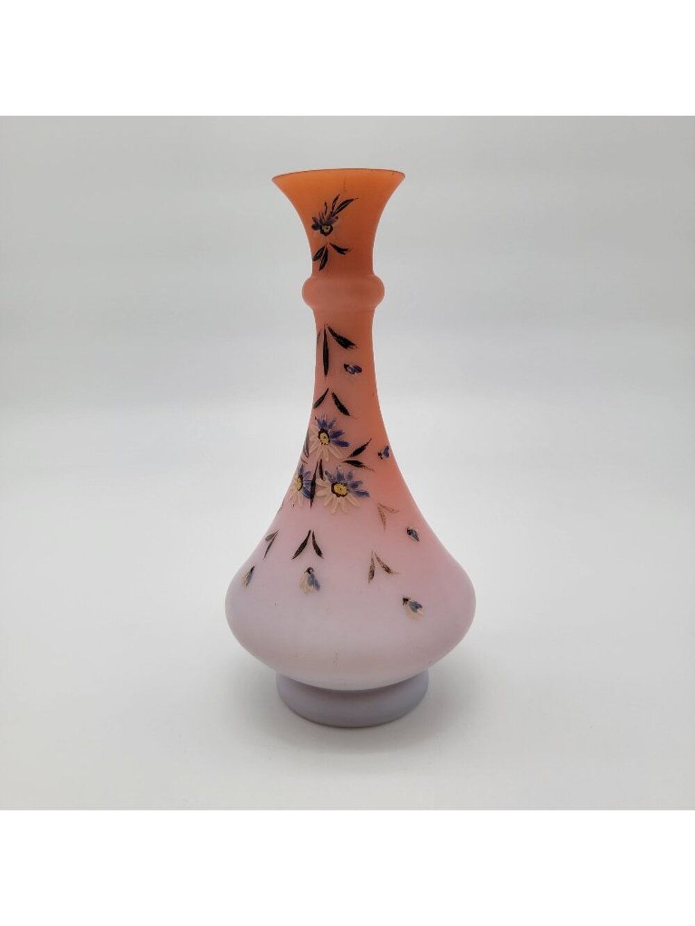 Antique Victorian Handpainted Peach Blow Satin Glass Vase With Floral Motif